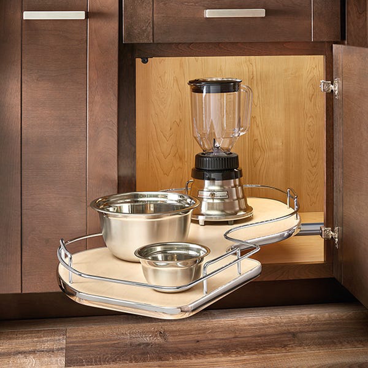 Rev-A-Shelf 5371 The Cloud 1-Tier Blind Corner Organizer, 34-7/8 in W x 18-15/16 in D, Chrome Frame with Gray Melamine Shelf, Right Hand, 45 lb Capacity