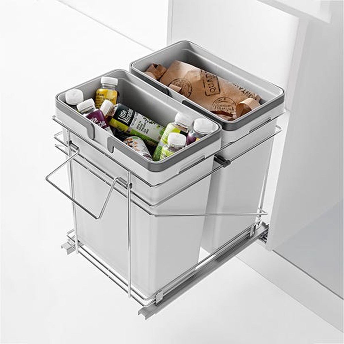 Salice Bottom Mount Waste Recycle Pullout, Double 32/35/50 Qt. or Single 50 Qt. + 11 Qt., Chrome Frame, Gray Bins