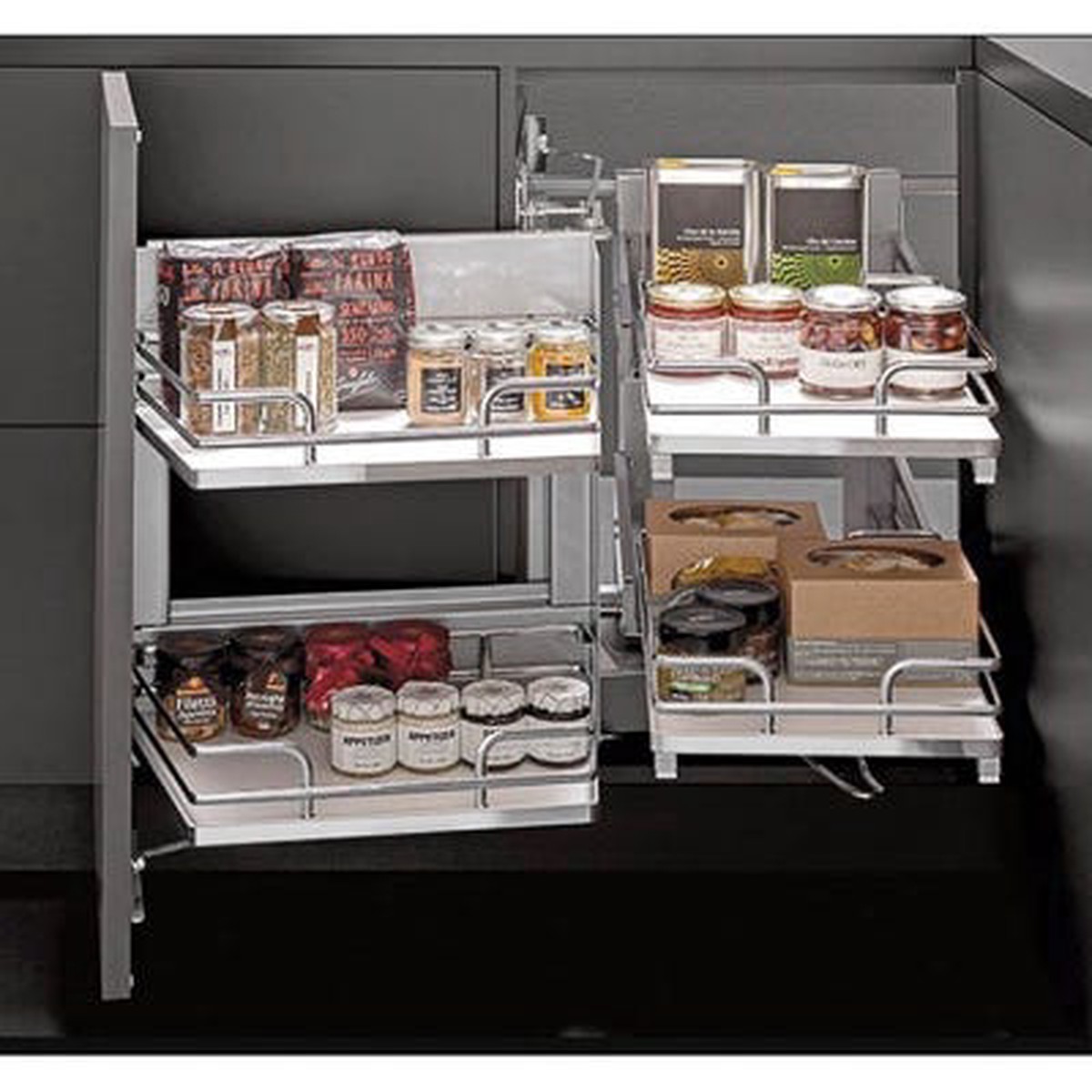 Salice Smart Corner Unit Blind Corner Organizer, 4-Shelf, Soft-Close, 17 in Cabinet Opening, Champagne/Maple or Chrome/White