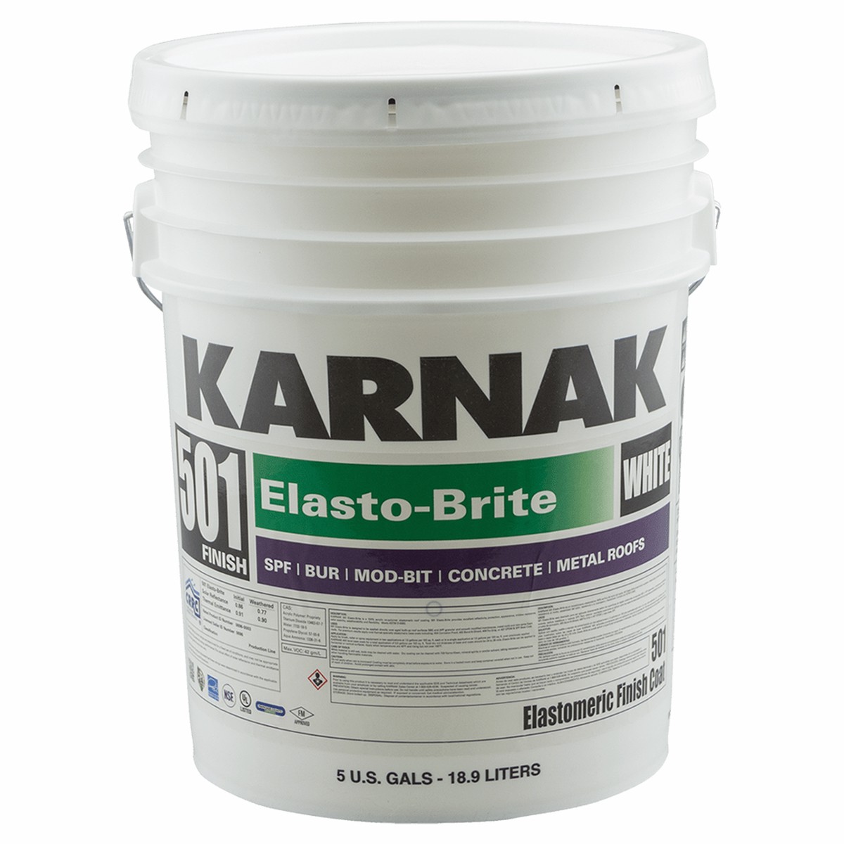 Karnak 501 Elasto-Brite 100% Acrylic Elastomeric Roof Coating, Gray, 5 Gallon Pail