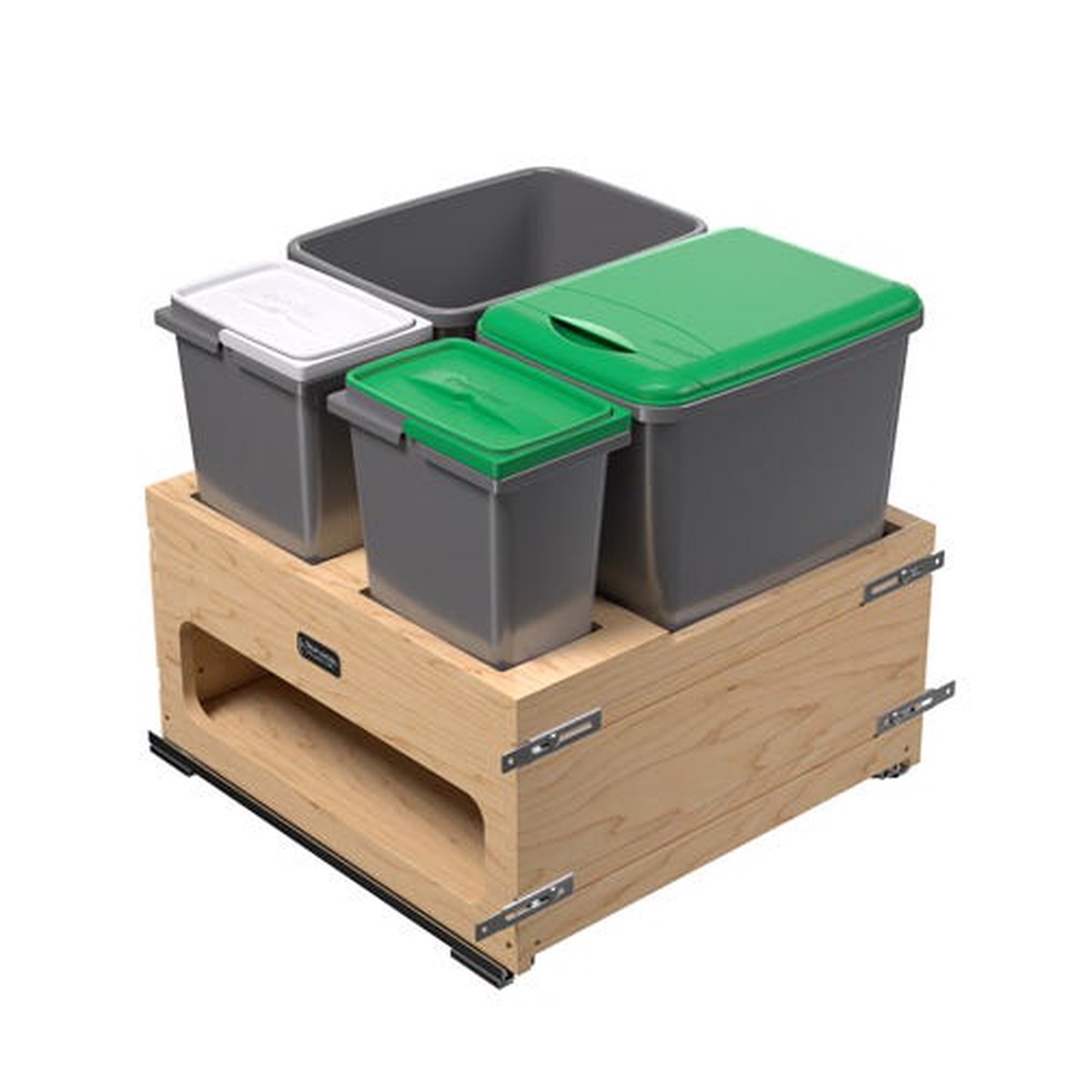 Rev-A-Shelf 4WCWM Wood Soft-Close Bottom Mount Waste Management Center, Double 35 or 50 qt with Optional 8 L Compost Bins, Maple Frame