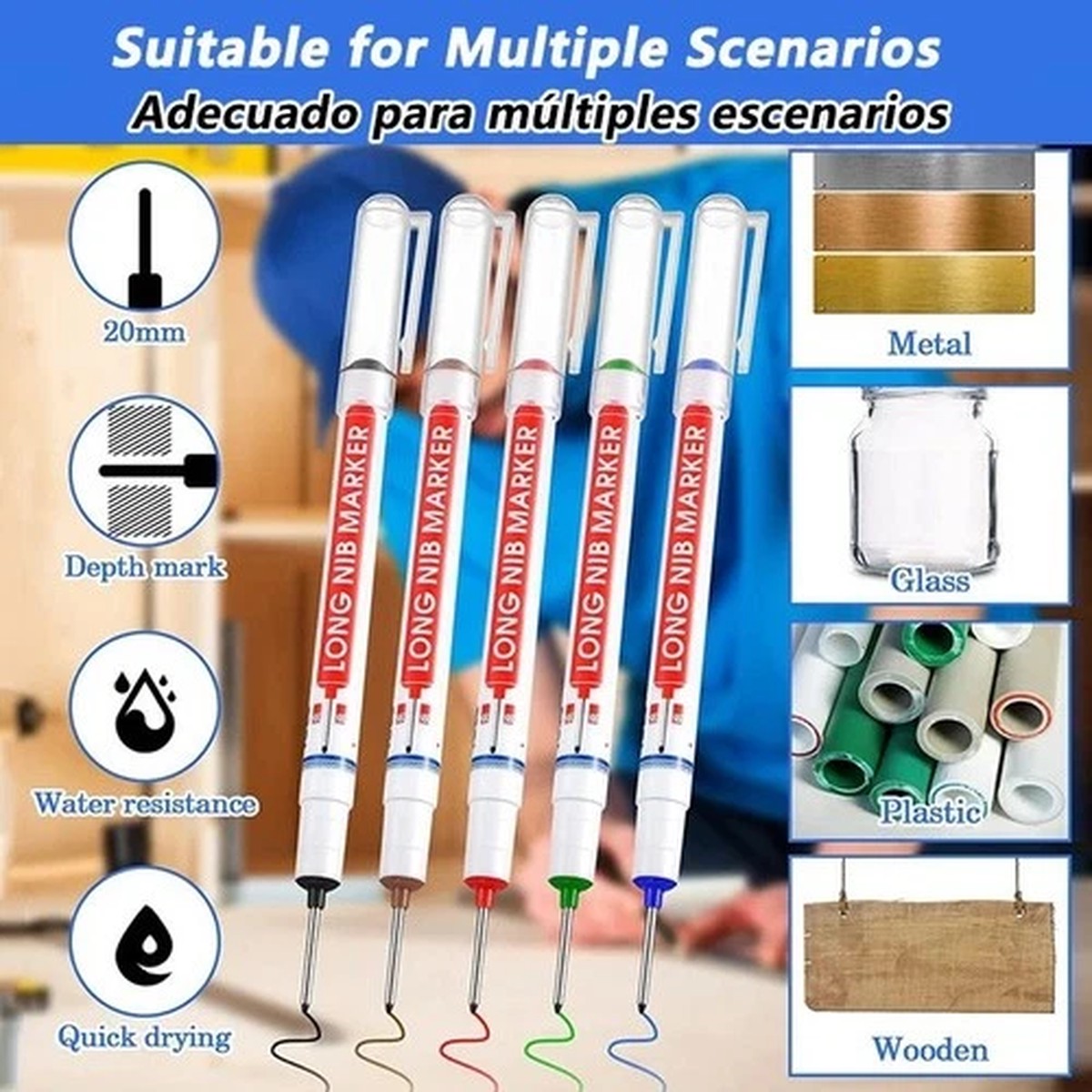 8 Pcs Deep Hole Marker Pen Long Nib Waterproof Metal Woodworking Carpenter Tool